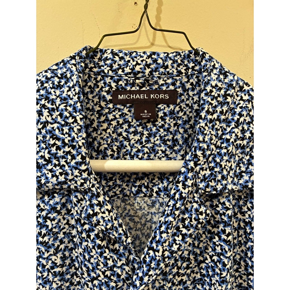 Michael Kors Men's S Regular Button-Up Shirt Blue White Floral Short Sleeve